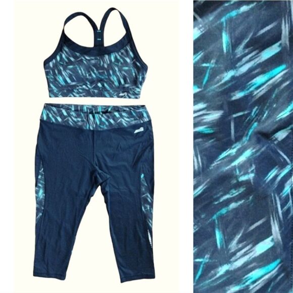 AVIA Black Green Design Print Sports Bra And Capri Leggings Set Medium - Picture 1 of 13